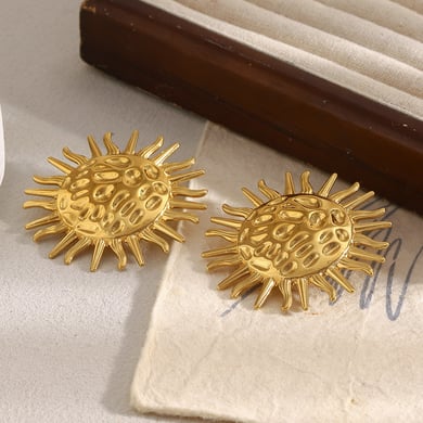 1 Pair Sun Hammered Texture Stainless Steel Gold Color Women's Stud Earrings h5 Picture5