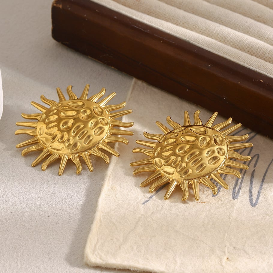 1 Pair Sun Hammered Texture Stainless Steel Gold Color Women's Stud Earrings Picture5