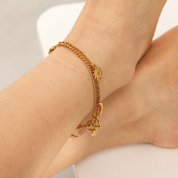 1 Piece Simple Heart&Moon Stainless Steel Gold Color Anklets