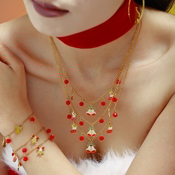 Christmas Jingle Bell Garnet Stainless Steel Gold Color Zircon Women's Jewelry Sets 2