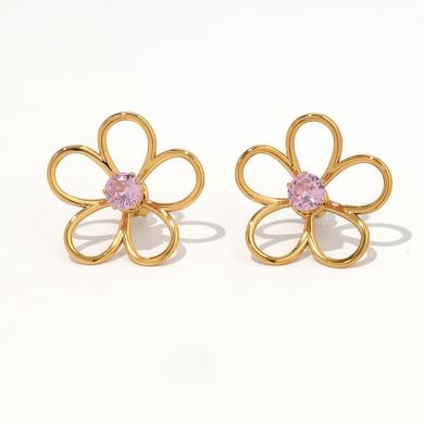 1 Pair Simple Natural Flower Stainless Steel  Gold Color Zircon Statement Rings h5 