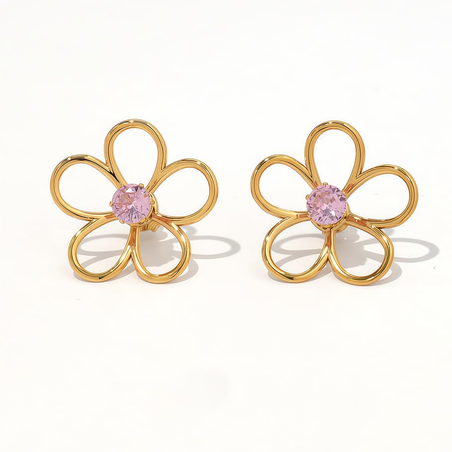1 Pair Simple Natural Flower Stainless Steel  Gold Color Zircon Statement Rings 
