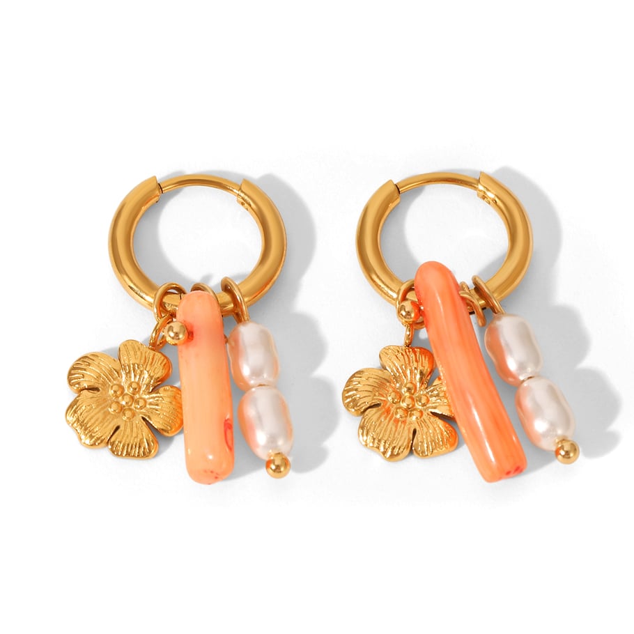 1 Pair Flower Stainless Steel Gold Color Drop Earrings 