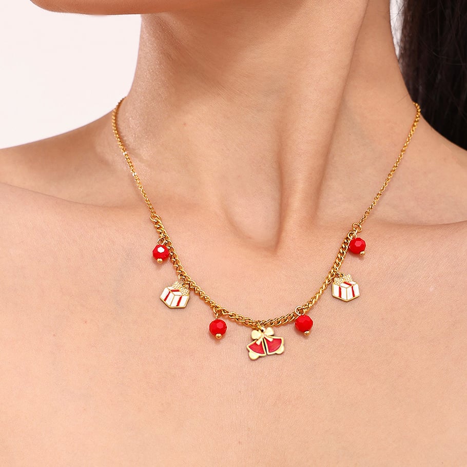 Set di gioielli da donna classici in acciaio inossidabile color oro con granato natalizio Immagine4