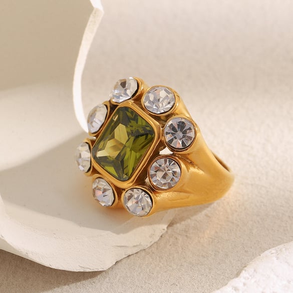 1 Piece Luxurious Rectangle Stainless Steel Gold Color Zircon Women's Gemstone Rings