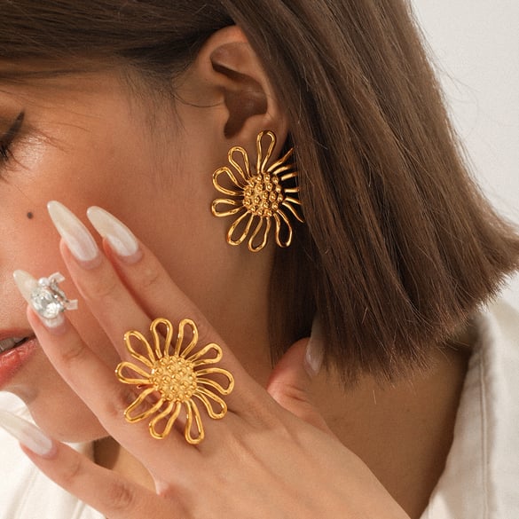 1 Stück einfache tägliche Sonnenblume Edelstahl Gold Farbe Damen Ring Sets 2
