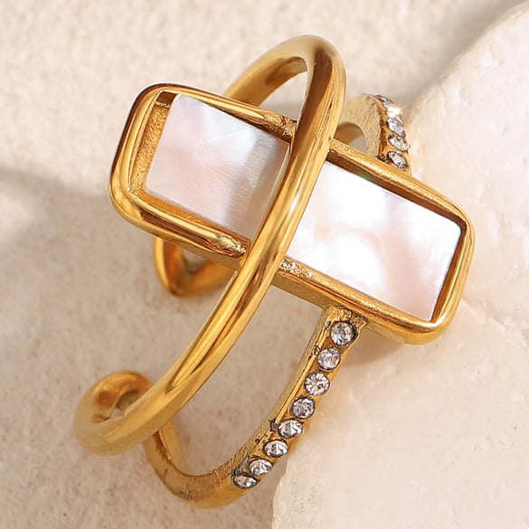 1 Stück elegante rechteckige Statement-Ringe aus Edelstahl in Goldfarbe mit Muschel 2