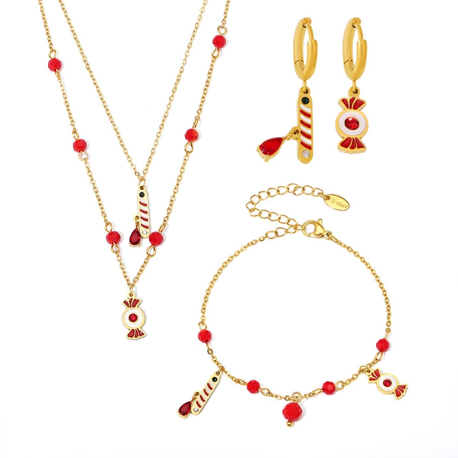 Set di gioielli da donna in acciaio inossidabile color oro con granato Christmas Element Immagine2