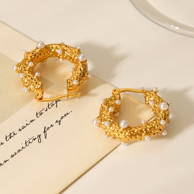 1 Pair Daily Irregular Shape Stainless Steel  Gold Color Pearl Women's Hoop Earrings h5 Picture4