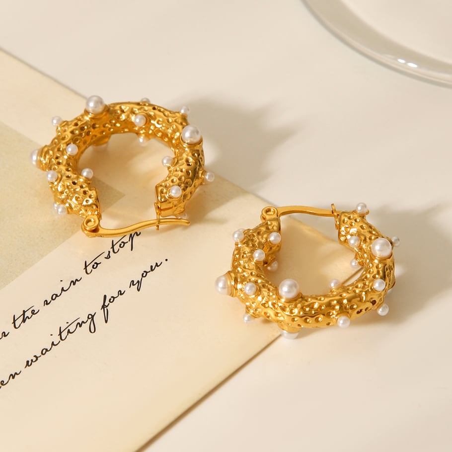 1 Pair Daily Irregular Shape Stainless Steel  Gold Color Pearl Women's Hoop Earrings Picture4