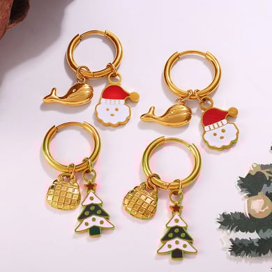 1 paire de boucles d&#39;oreilles pendantes de Noël en acier inoxydable couleur or h5 Image4