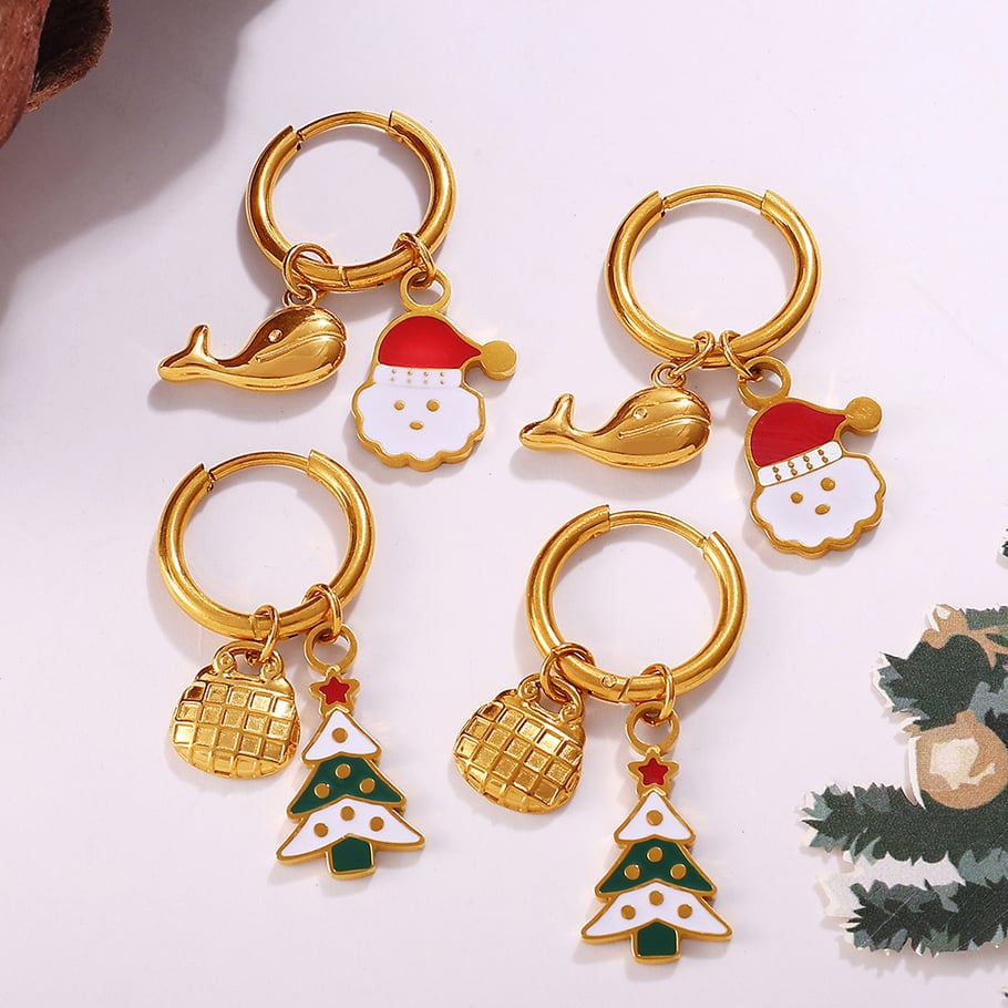 1 paire de boucles d&#39;oreilles pendantes de Noël en acier inoxydable couleur or Image4