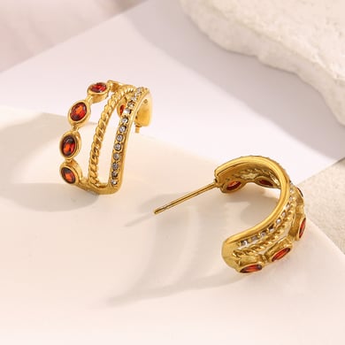 1 par de pendientes de aro clásicos de acero inoxidable con circonita roja en color dorado para mujer h5 Imagen4