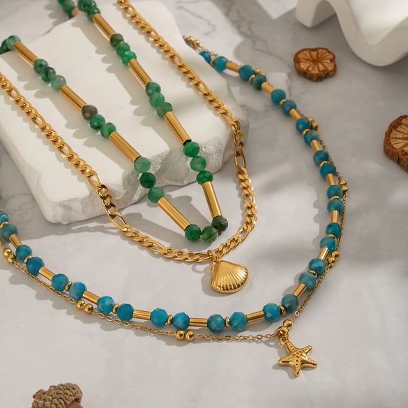Collier de perles en pierre naturelle couleur or en acier inoxydable, 1 pièce 2