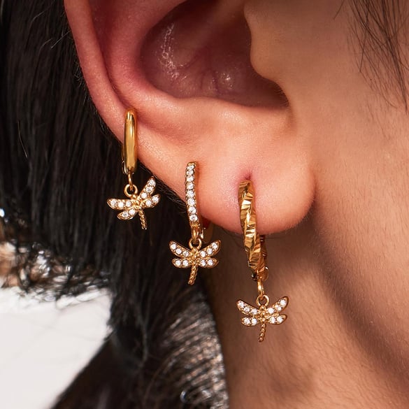1 Pair Exquisite Dragonfly Stainless Steel Gold Color Zircon Women's Drop Earrings 2
