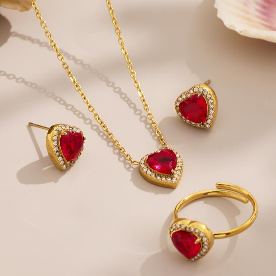 Luxurious Series Red Heart Zircon Stainless Steel Women's Jewelry Sets Picture6