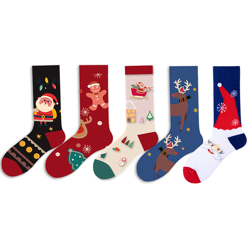 1 paire de chaussettes mi-mollet élégantes en coton pour femme, motif sapin de Noël Image2