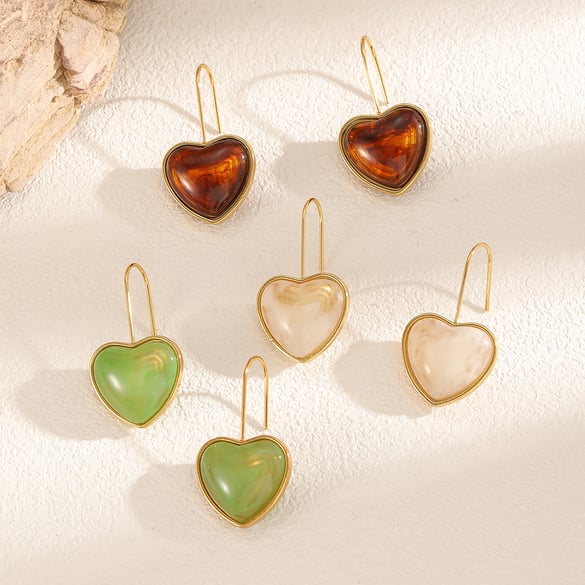 1 Pair Retro Heart Stainless Steel Gold Color Acrylic Women's Dangle Earrings 2