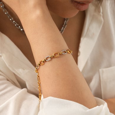 Pulsera de cadena de acero inoxidable para mujer, 1 pieza, colores dorado y plateado mixtos h5 Imagen4