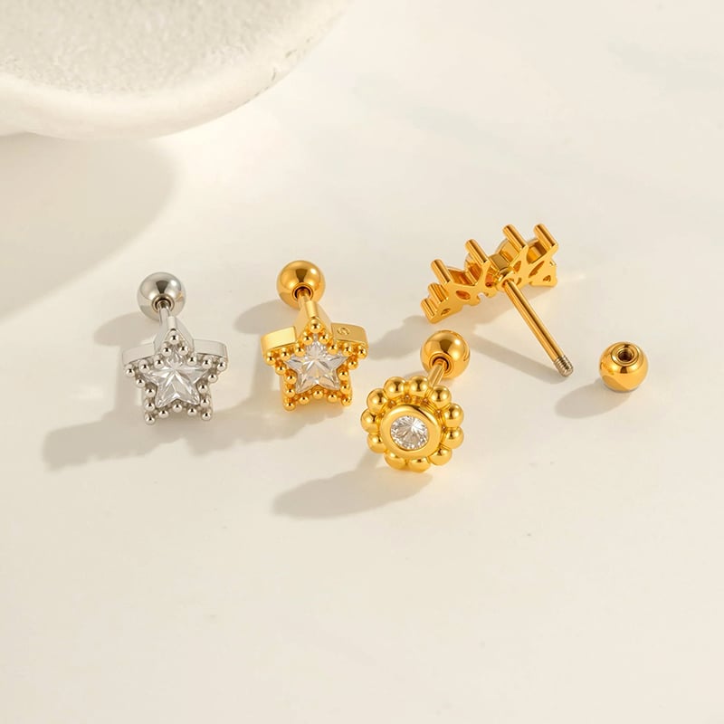 1 pendiente de perforación con forma de corazón, estrella, cobre, dorado y circonita. Imagen3