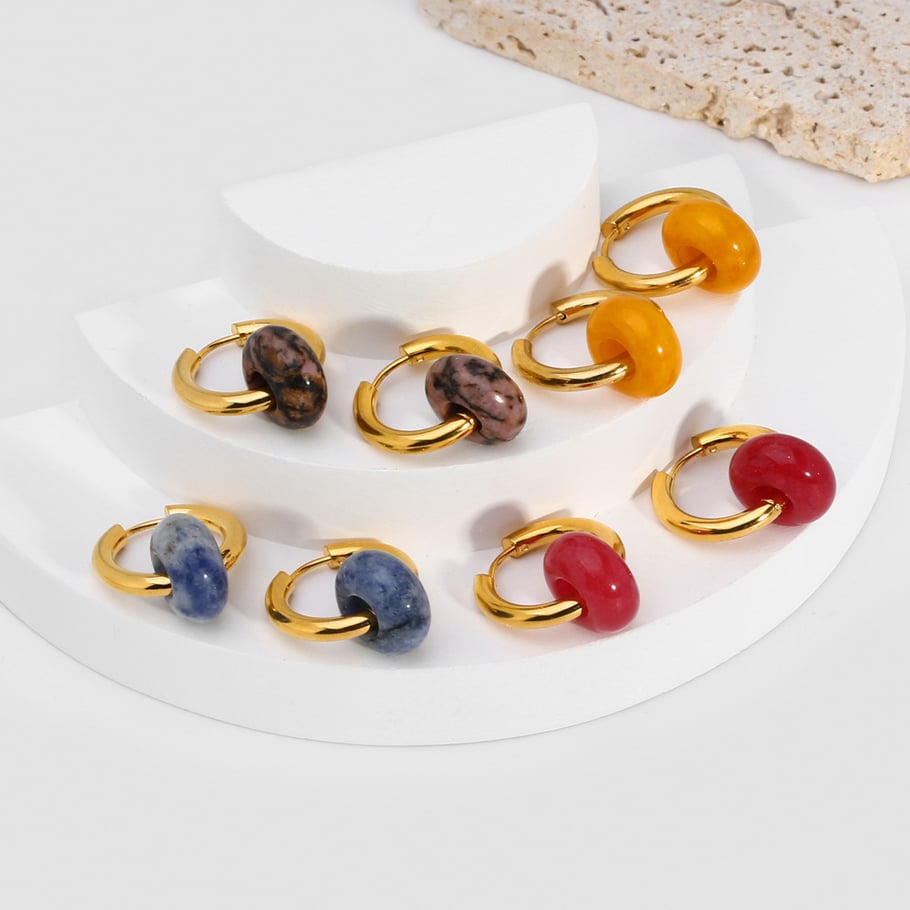 1 Pair Vintage Circle Stainless Steel Gold Color Natural Stone Women's Drop Earrings Picture3