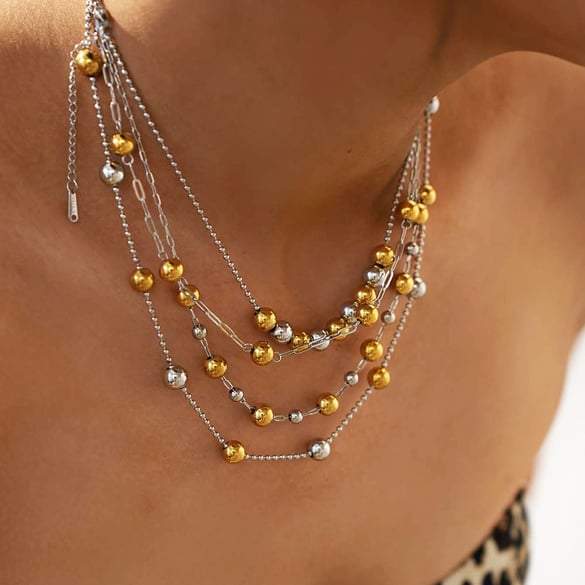 1 Piece Simple Mixed Gold Color And Silver Colors Stainless Steel  Women‘s Beaded Necklaces 2
