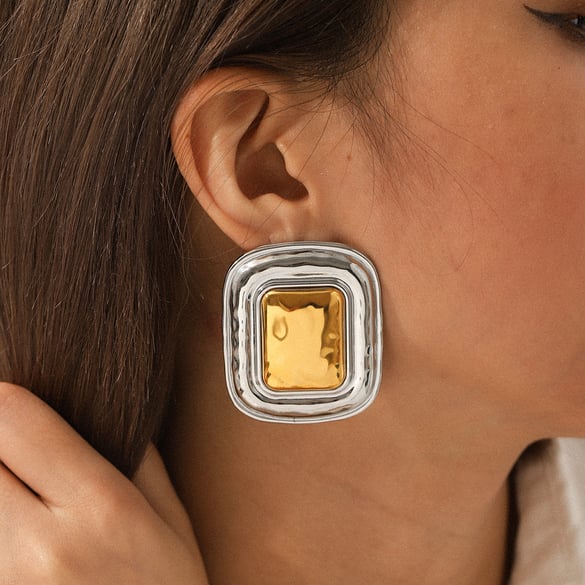 1 paire de boucles d&#39;oreilles à tige en acier inoxydable pour femme, couleurs or et argent mélangées