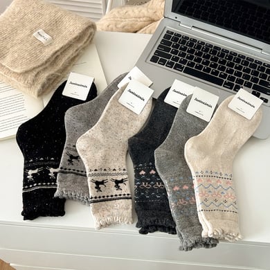 1 paire de chaussettes mi-mollet en laine épaisse à motif de Noël et d&#39;élan pour femme h5 Image3
