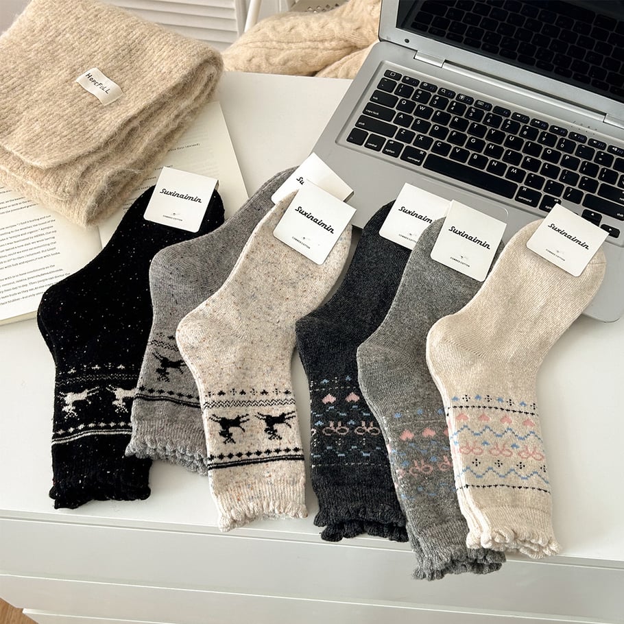 1 paire de chaussettes mi-mollet en laine épaisse à motif de Noël et d&#39;élan pour femme Image3