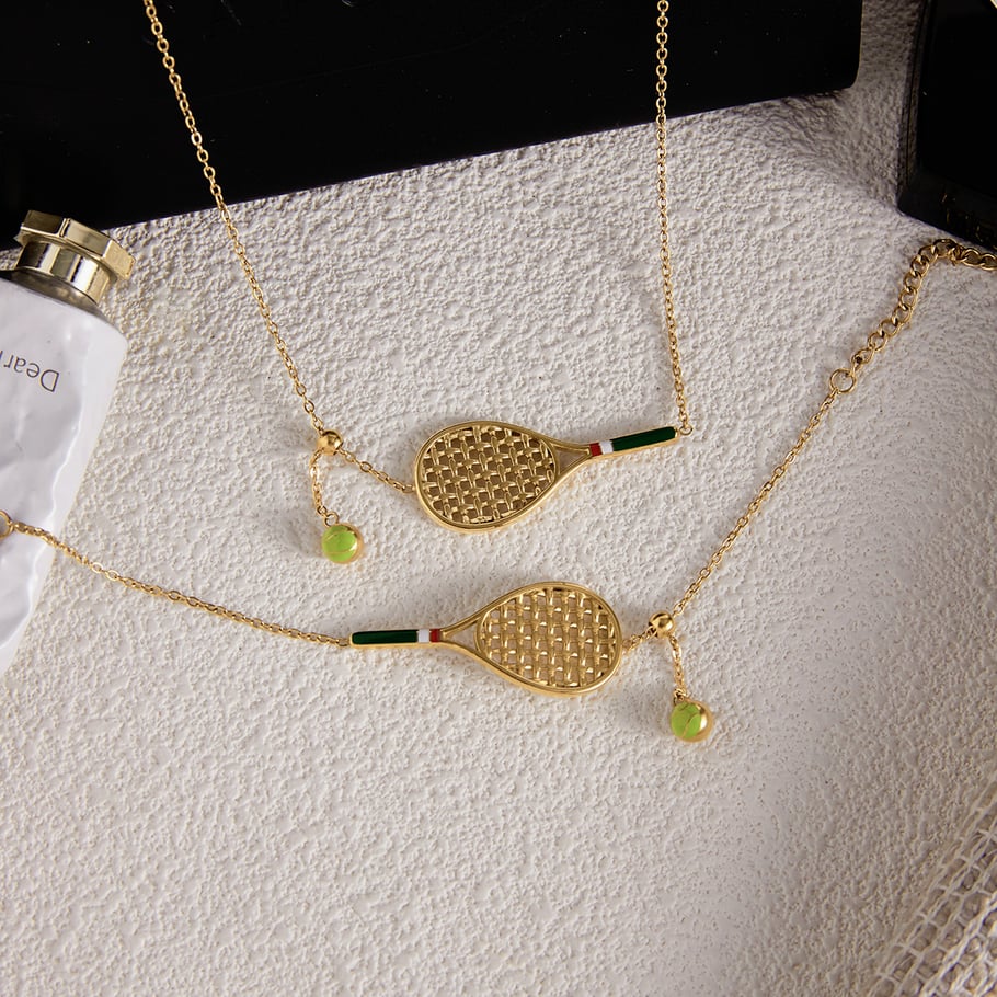 Conjuntos de joyas para mujer de acero inoxidable color dorado con raqueta de tenis deportiva Imagen4
