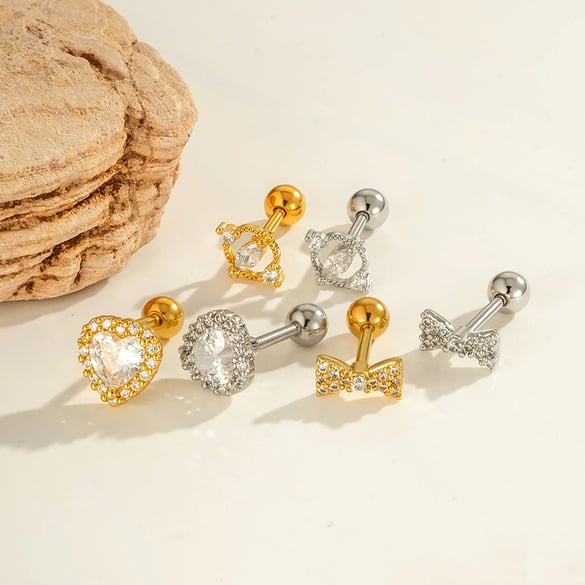 1 Piece Heart Bow Knot Copper Gold Color Zircon Piercing Earring 2