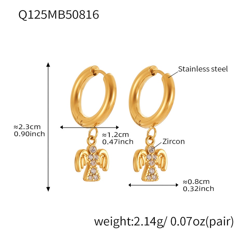1 Pair Classic Angel Stainless Steel Gold Color Zircon Women's Drop Earrings 