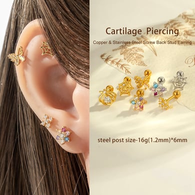 1 stuk bloem koper goud kleur zirkoon piercing oorbel h5 Afbeelding4