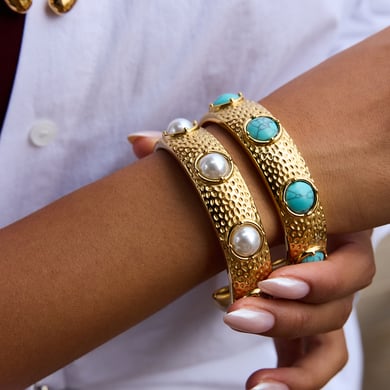 1 Piece Retro Circle Stainless Steel Gold Color Natural Stone Women's Cuff Bracelets h5 Picture4