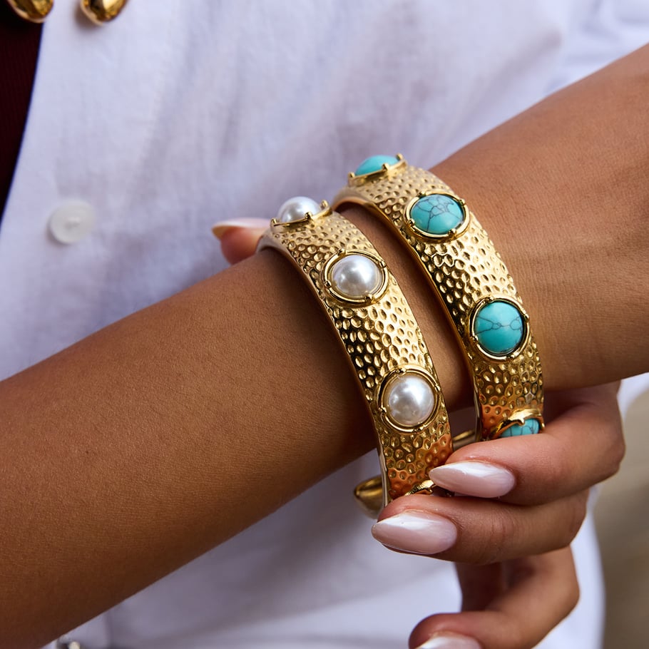 1 Piece Retro Circle Stainless Steel Gold Color Natural Stone Women's Cuff Bracelets Picture4