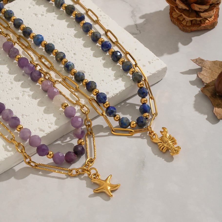 Collier de perles en pierre naturelle couleur or en acier inoxydable, 1 pièce Image3