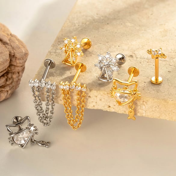 1 Parça Fiyonk Düğüm Bakır Altın Rengi Zirkonyum Piercing Küpe 2