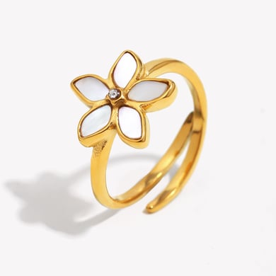 1 anillo llamativo de acero inoxidable con diseño de flor elegante y concha de color dorado. h5 