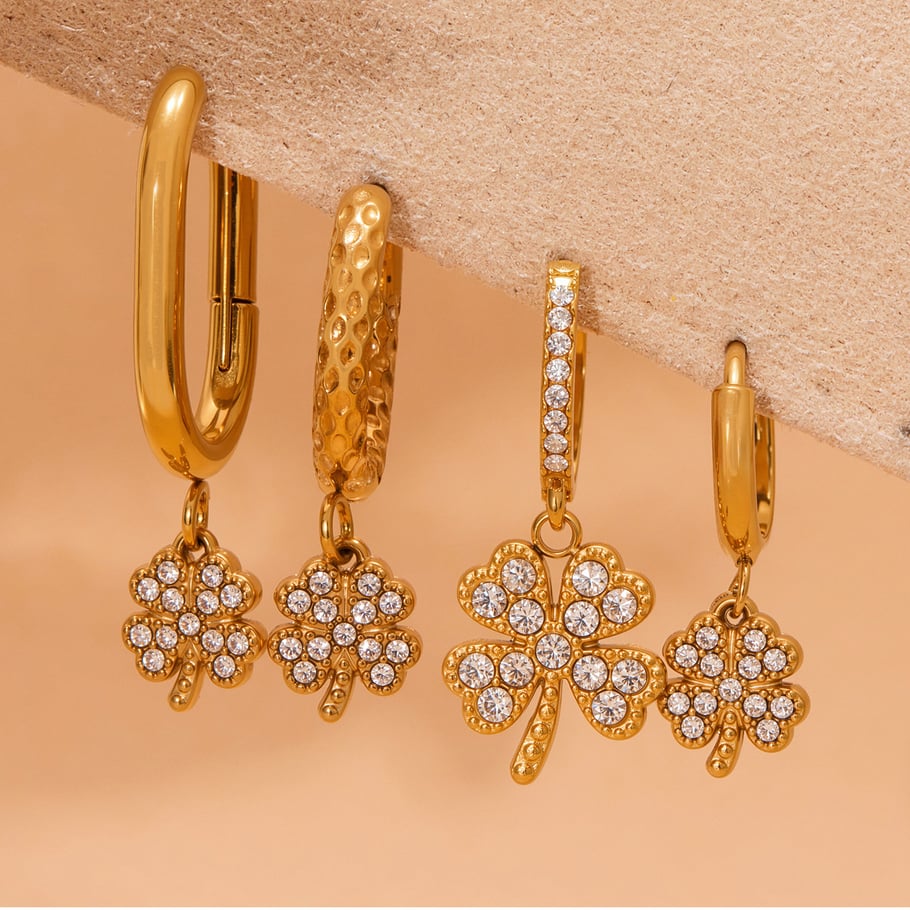 1 Pair Elegant Clover Stainless Steel Gold Color Zircon Women's Drop Earrings Picture4