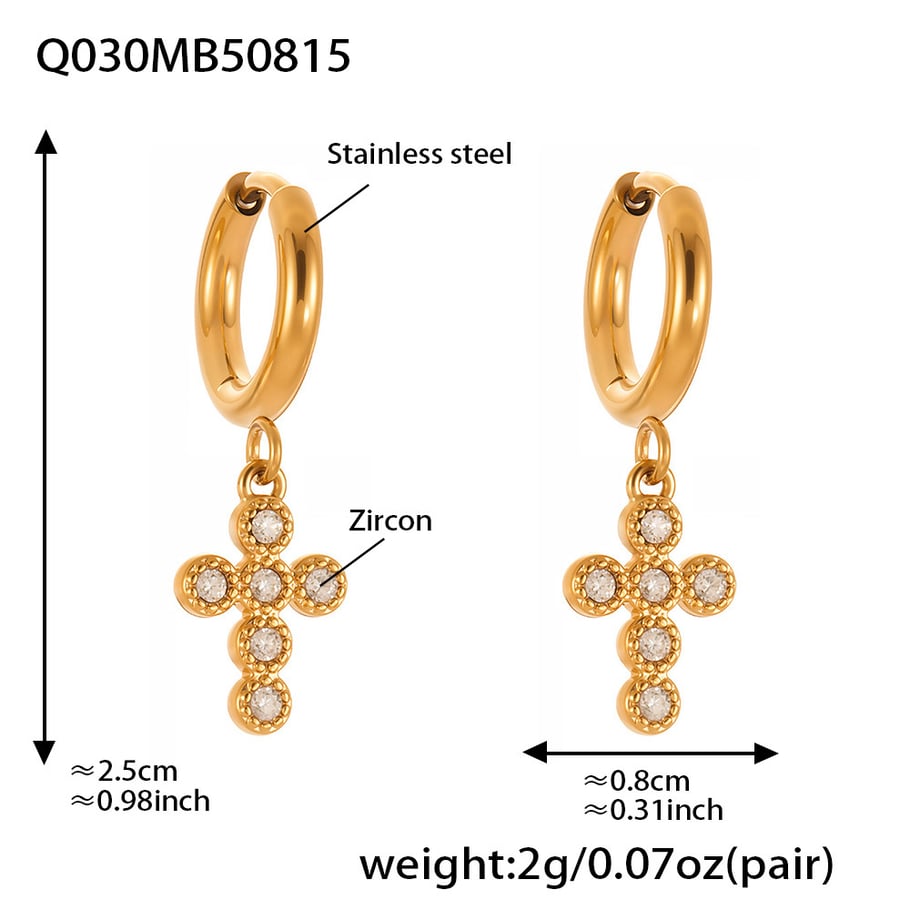 1 Pair Daily Cross Stainless Steel Gold Color Zircon Women's Drop Earrings 