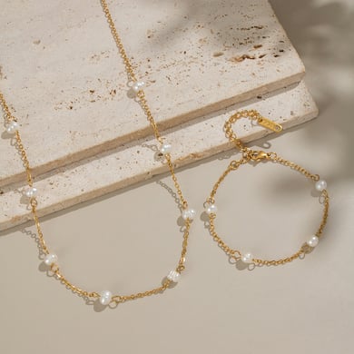 Elegant Pearl Chain Stainless Steel Gold Color Necklace Set h5 Picture2