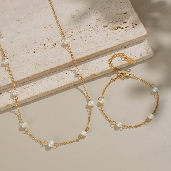 Elegant Pearl Chain Stainless Steel Gold Color Necklace Set