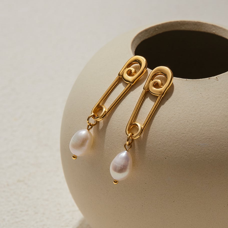 1 par de pendientes colgantes clásicos de acero inoxidable dorados con clip para papel para mujer Imagen3