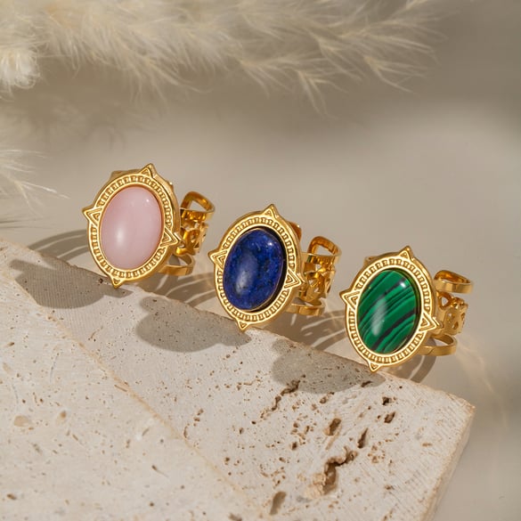 1 Piece Retro Strip Oval Lines Stainless Steel Gold Color Natural Stone Women's Gemstone Rings 2