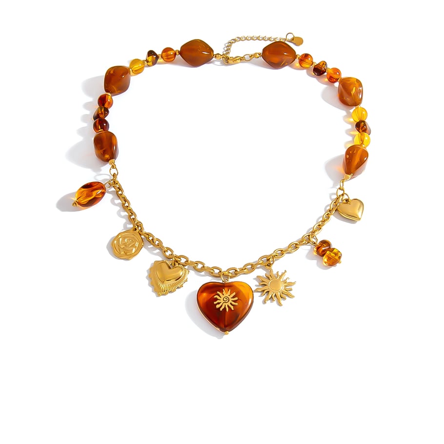 1 Piece With  Amber  Colored Resin Beaded Heart Pendant Women's Beaded Necklaces 