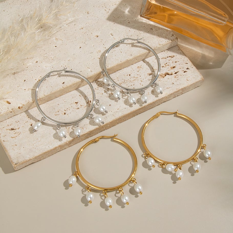 1 Pair Casual Tassel Circle Stainless Steel Gold Color Women's Hoop Earrings Picture3