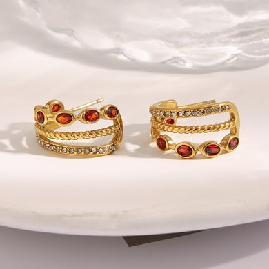 1 par de pendientes de aro clásicos de acero inoxidable con circonita roja en color dorado para mujer h5 Imagen6