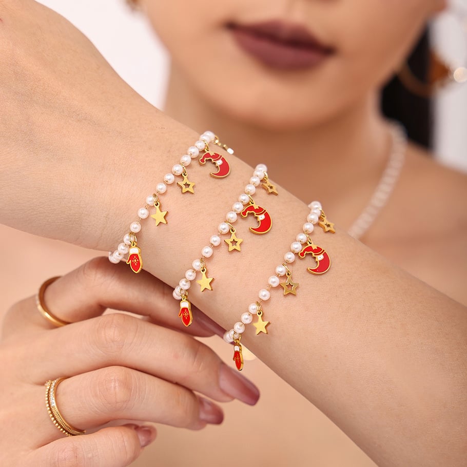 Set di gioielli da donna con conchiglia color oro e guanto di Natale in acciaio inossidabile Immagine3