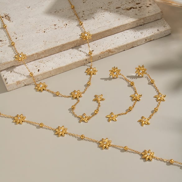Flower Stainless Steel  Gold Color Necklace Set 2