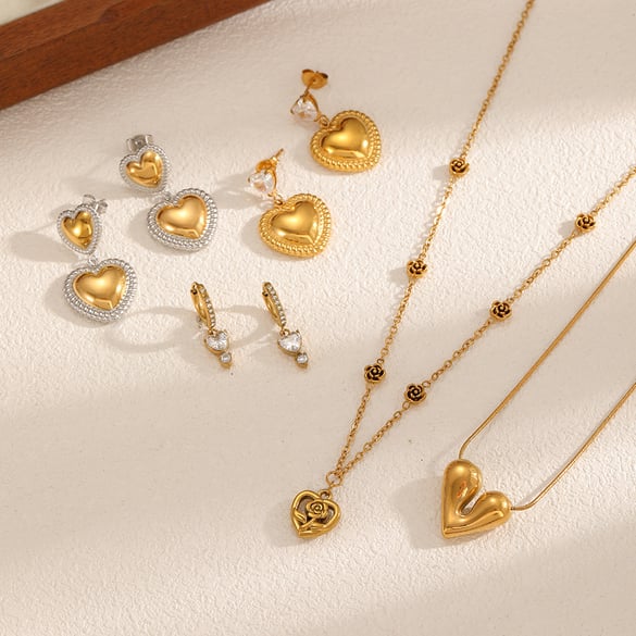 Vintage Heart Stainless Steel Gold Color Women's Jewelry Sets